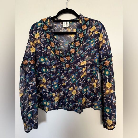 Meadow Rue Strasser Embroidered Peasant Blouse Small Blue Anthropologie XXS - Picture 8 of 13